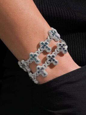 925 Silver Cross Infinity Hip Hop Men Blue Iced Out Moissanite Diamond Bracelet